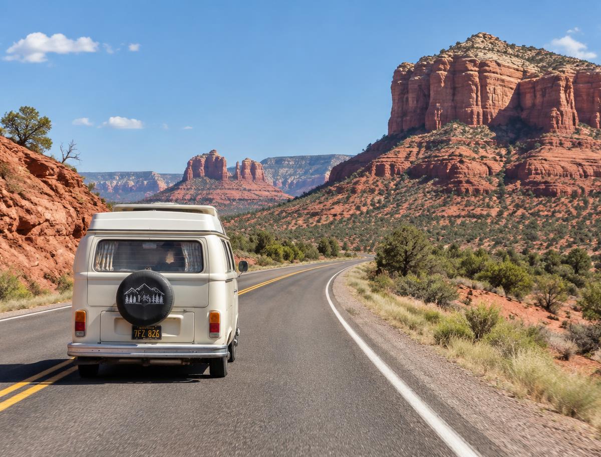 Camper van driving a highway through Arizona red rock country