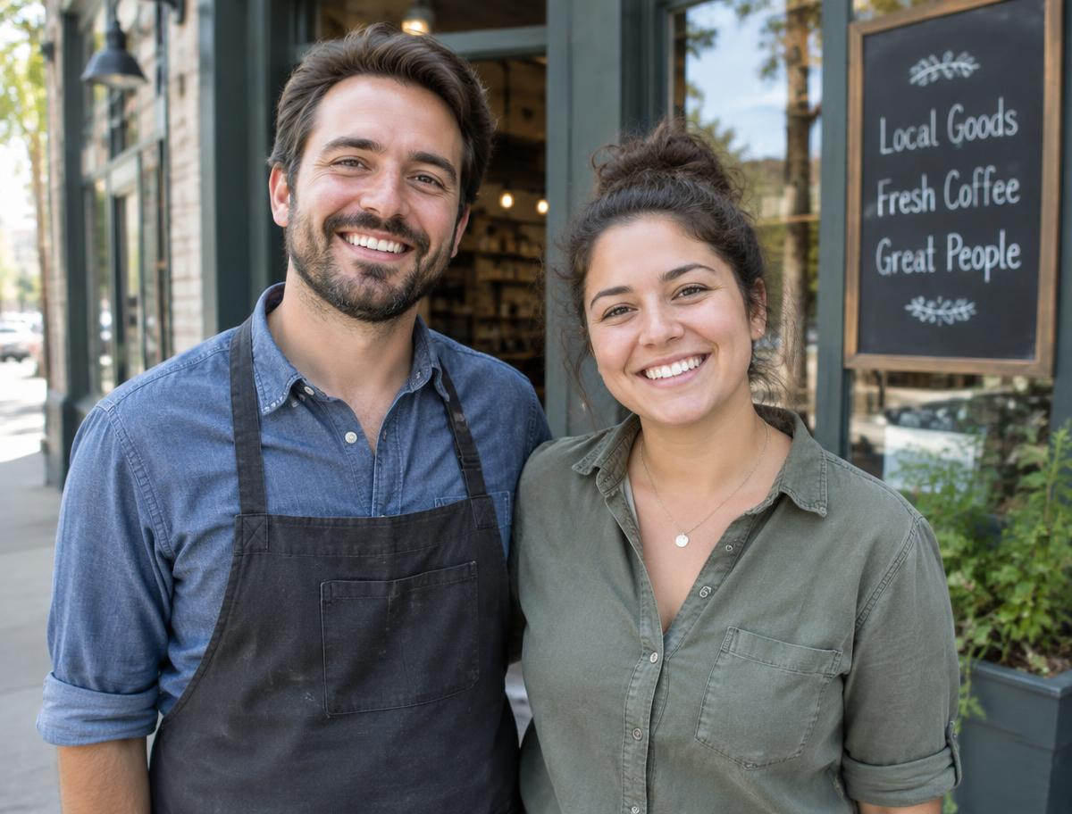 Two local small business owners standing outside their shop