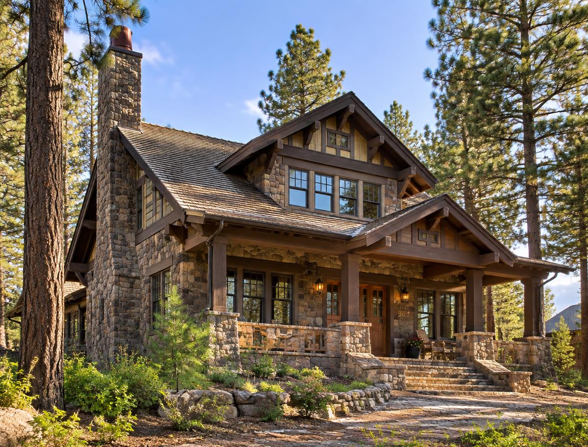 Historic stone and timber home surrounded by Flagstaff pines
