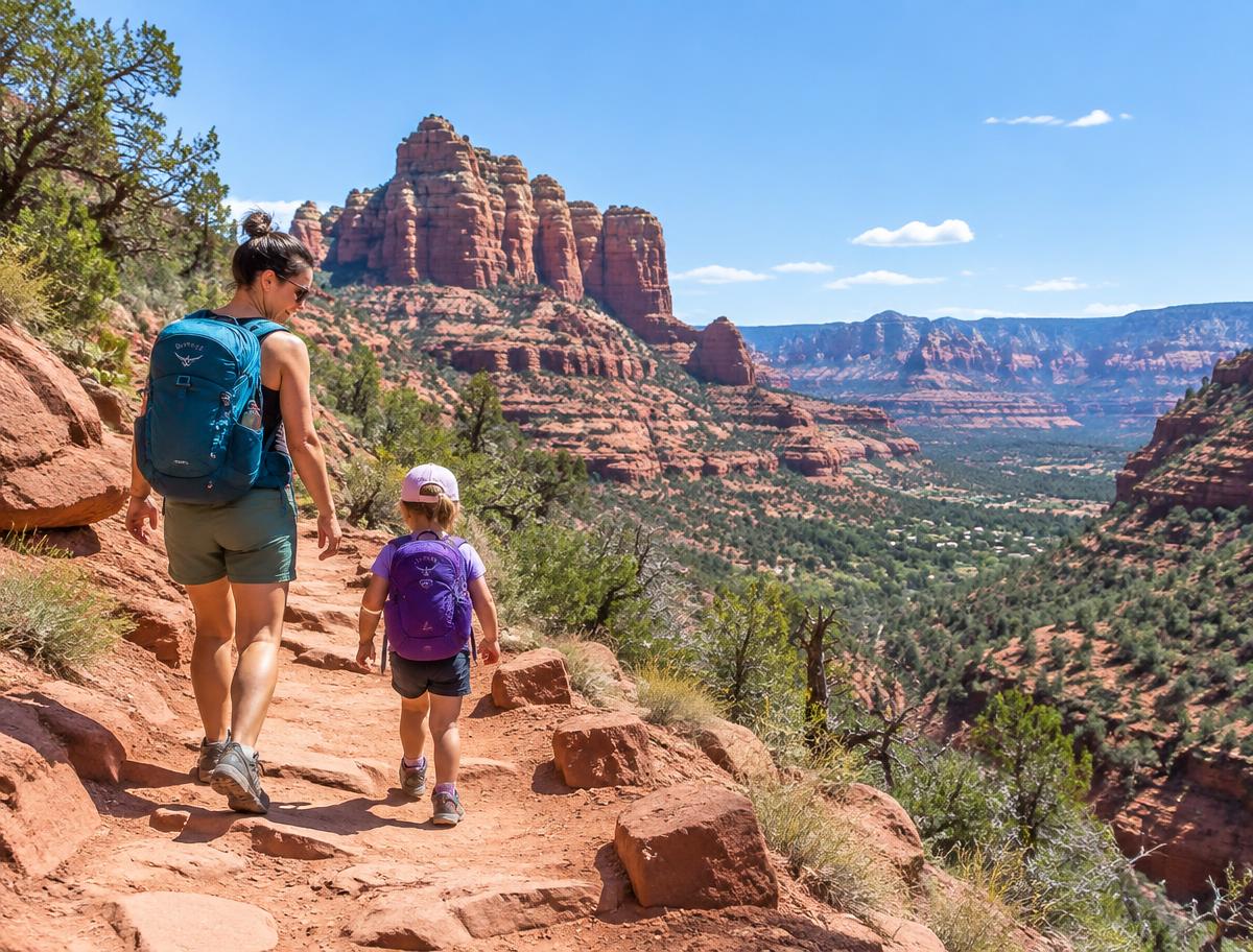 Parent and child hiking a red rock trail in Arizona