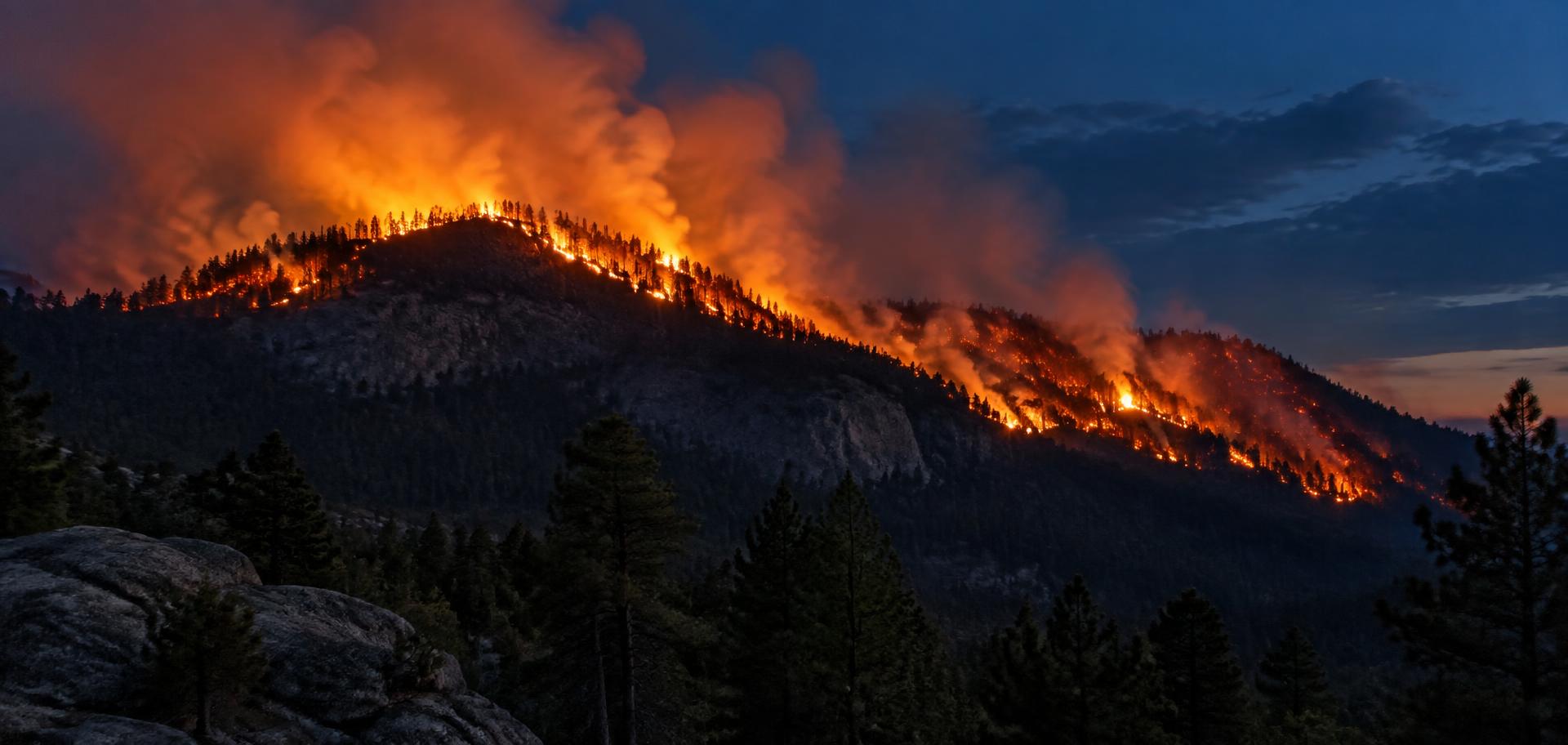 Wildfire burning along a forested ridge at dusk in Northern Arizona